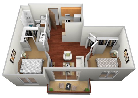a 3d floor plan of a house with a bedroom and living room