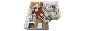 a layout of a 3d floor plan with a bedroom and living room