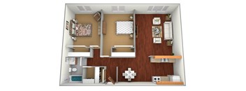 a stylized layout of a 1 bedroom floor plan with roommates