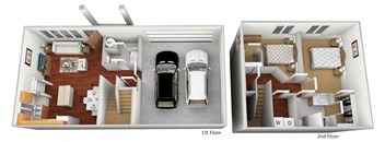 A diagram of a two-story house with a car parked in the garage.