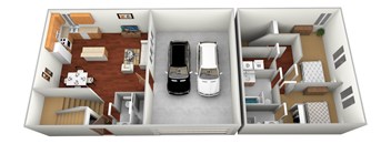 A 3D image of a house layout with a living room, kitchen, dining area, and two bedrooms.