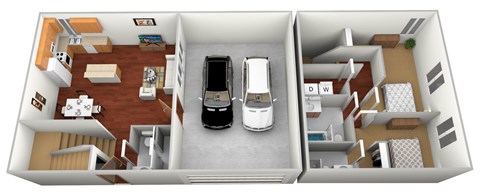 A 3D image of a house layout with a living room, kitchen, dining area, and two bedrooms.