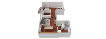 A 3D floor plan of a house with a kitchen, living room, and two bedrooms.