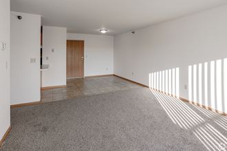 an empty living room with white walls and gray carpet