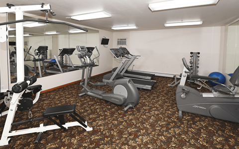 a gym with various machines and weights in a room with a mirror