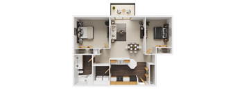A detailed 3D floor plan of a house layout.