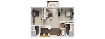 A 3D floor plan of a small apartment with a kitchen, living room, and bedroom.
