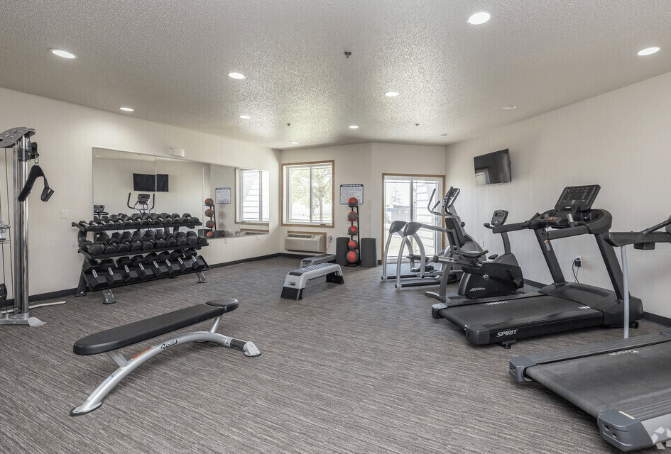 A spacious gym with a variety of equipment including treadmills, weights, and exercise machines.