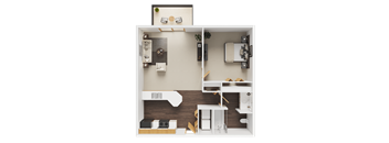 A 3D rendered image of a small apartment layout.