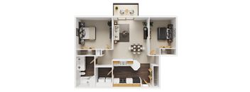 A detailed 3D model of a house layout with various rooms and furniture.