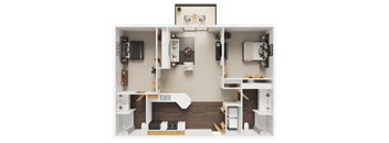 A 3D floor plan of a small apartment with a kitchen, living room, and bathroom.