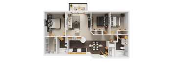 A detailed 3D floor plan of a modern apartment layout.