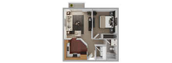 A 3D floor plan of a small apartment with a kitchen, living room, and bathroom.