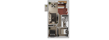 A top-down view of a small apartment layout with a kitchen, living room, and bedroom.