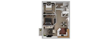 A top-down view of a small apartment layout with a kitchen, living room, and bedroom.