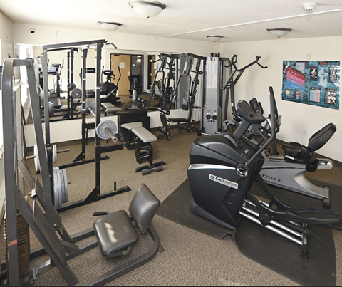 a gym with various machines and weights on the floor