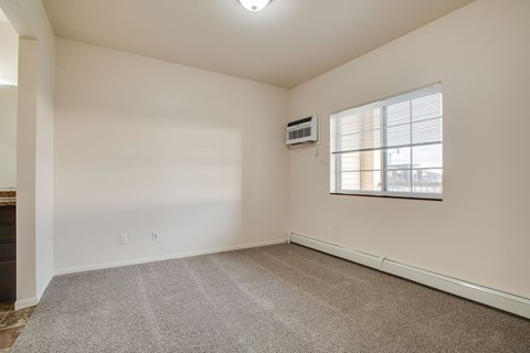 A room with a window and a carpeted floor.