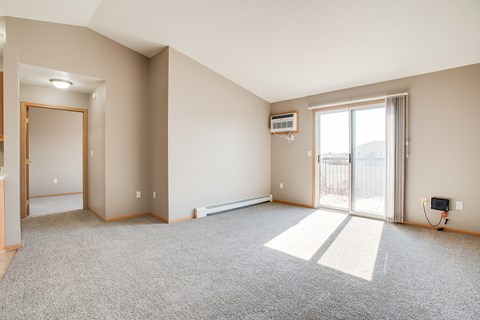 A spacious room with a carpeted floor and a sliding glass door leading to a balcony.
