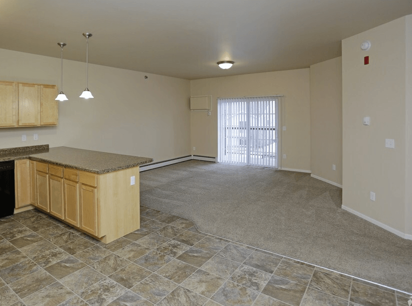 A kitchen area with a counter and cabinets.