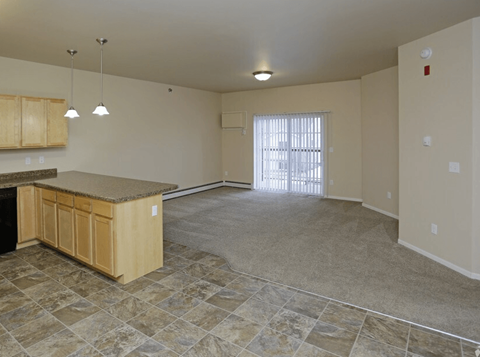 A kitchen area with a counter and cabinets.