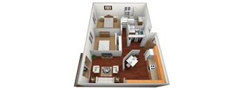 a 3d rendering of a 1 bedroom floor plan with a bathroom and living room