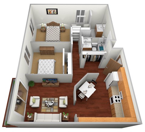 a 3d rendering of a 1 bedroom floor plan with a bathroom and living room
