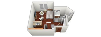 a 3d rendering of a bedroom with a living room