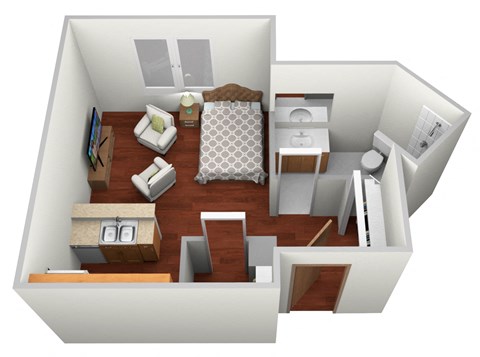 a 3d rendering of a bedroom with a living room