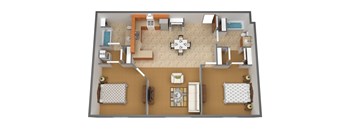 A 3D floor plan of a house with a kitchen, living room, and two bedrooms.