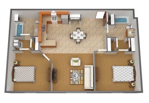 A 3D floor plan of a house with a kitchen, living room, and two bedrooms.