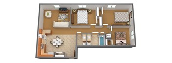 A 3D floor plan of a house layout.
