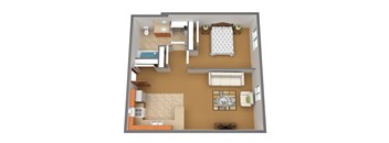 A 3D floor plan of a house with a kitchen, living room, and bedrooms.
