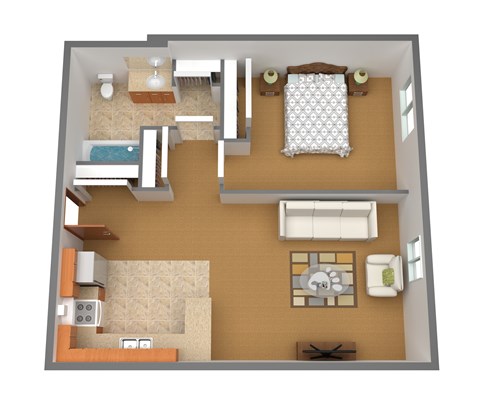 A 3D floor plan of a house with a kitchen, living room, and bedrooms.