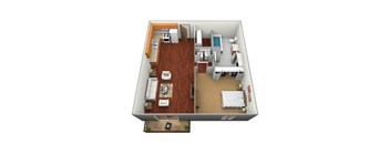 A 3D floor plan of a small apartment with a kitchen, living room, and bedroom.