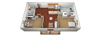 A top down view of a small apartment with a kitchen, living room, and two bedrooms.