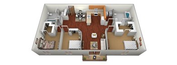 A 3D floor plan of a house with a kitchen, living room, dining room, and bedrooms.