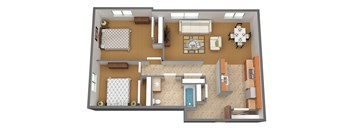 A 3D floor plan of a house with two bedrooms, a living room, a kitchen, and a bathroom.