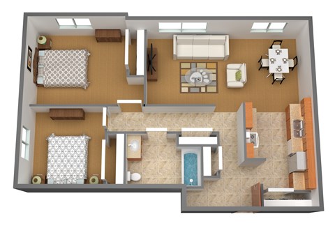 A 3D floor plan of a house with two bedrooms, a living room, a kitchen, and a bathroom.