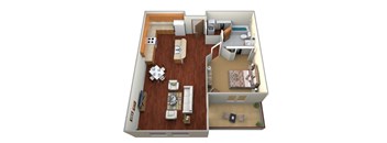 A 3D floor plan of a small apartment with a kitchen, living room, and bedroom.