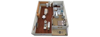 A 3D floor plan of a house with a kitchen, living room, and dining area.