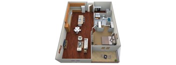 A 3D floor plan of a house with a kitchen, living room, dining room, and bedrooms.