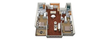 A 3D floor plan of a house layout.