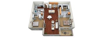 A 3D floor plan of a house with a kitchen, living room, dining room, and two bedrooms.