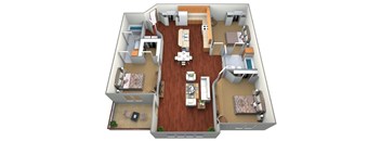 A 3D floor plan of a house with a kitchen, living room, dining room, and two bedrooms.