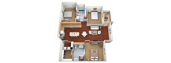 A 3D rendered image of a small apartment layout.