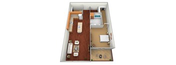 A 3D floor plan of a small apartment with a kitchen, living room, and bedroom.