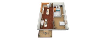 A 3D floor plan of a small apartment with a kitchen, living room, and bedroom.