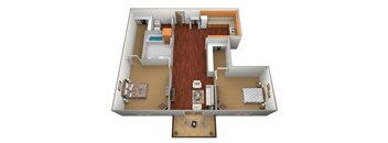 A 3D floor plan of a house showing a kitchen, living room, dining room, and two bedrooms.
