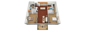 A 3D floor plan of a house with a kitchen, living room, dining room, and two bedrooms.