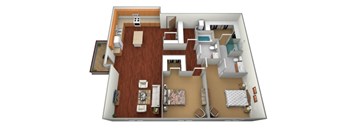 A 3D floor plan of a house with a kitchen, living room, and bedrooms.